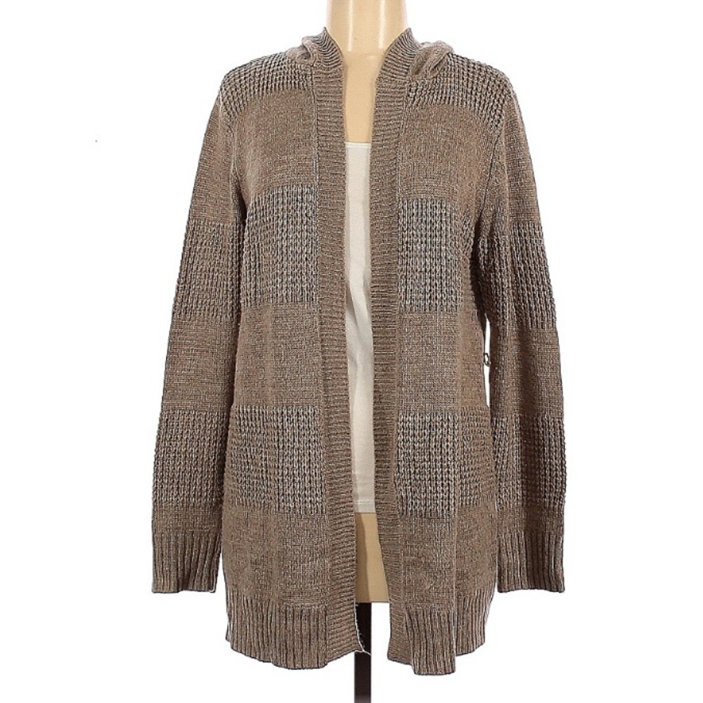 New York and Company casual knit hooded open cardigan sweater medium tan